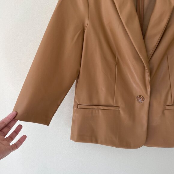 Tan Faux Leather Blazer Jacket 3/4 Sleeve Single Button NYCC Womens M - Picture 2 of 7
